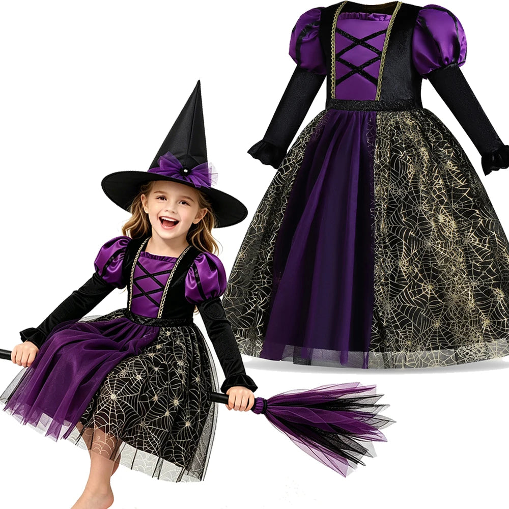 Purple Spiderweb Witch Dress Costume with Hat