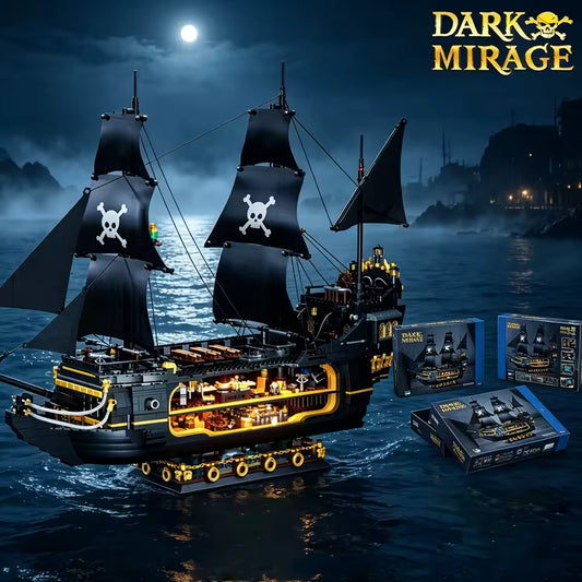 Black pirate ship building set sails