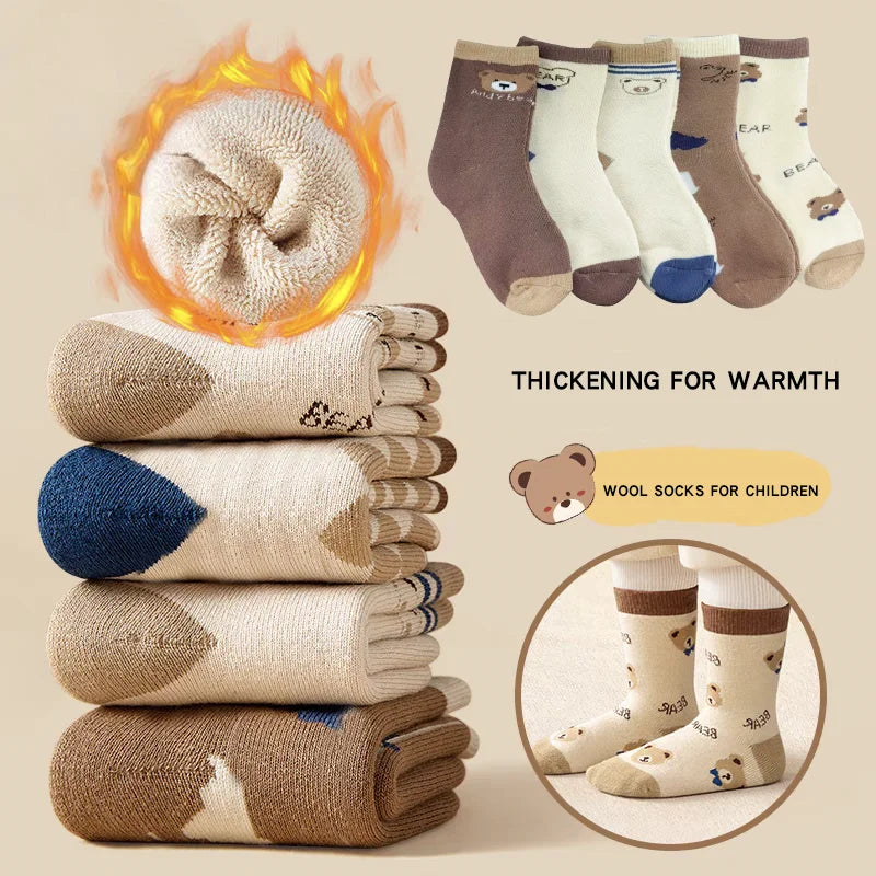 Kids 5-Pair Thick Winter Socks, Cosy Brushed Bear Stripe Crew Socks
