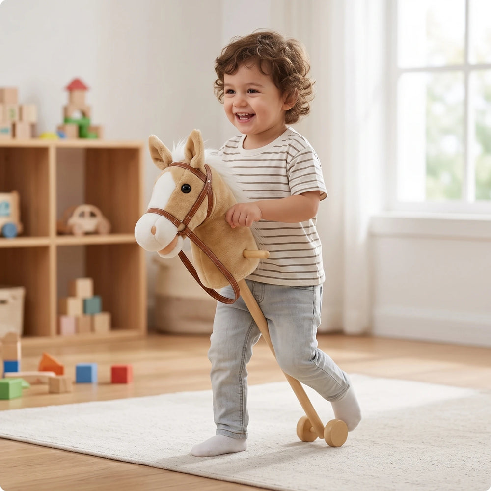 Plush Stick Horse on Wheels - Ride-On Toy for Toddlers