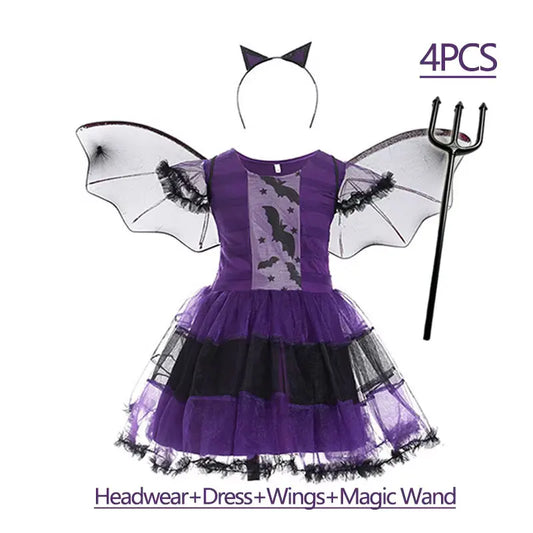Girls purple bat costume 4-piece set with magic wand