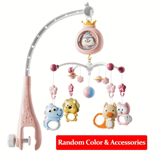 Pink penguin baby crib mobile with music and lights