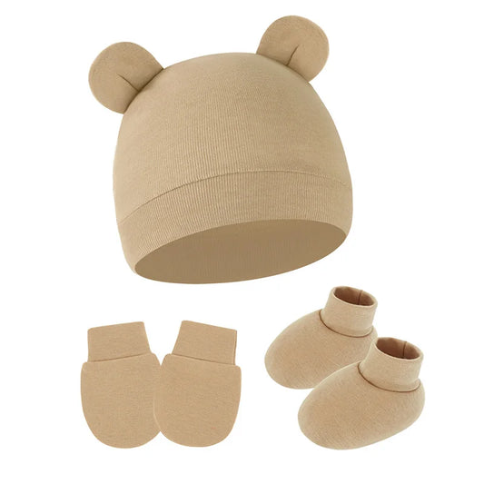 Khaki newborn anti-scratch mitten hat and foot cover set