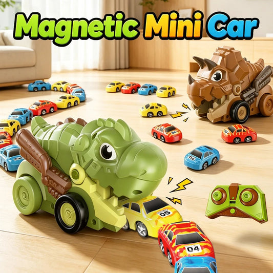 Green and brown RC dinosaur toys with magnetic mini cars in a chain