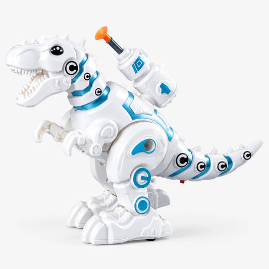 White electronic T-Rex robot toy, side profile view showing full body and tail