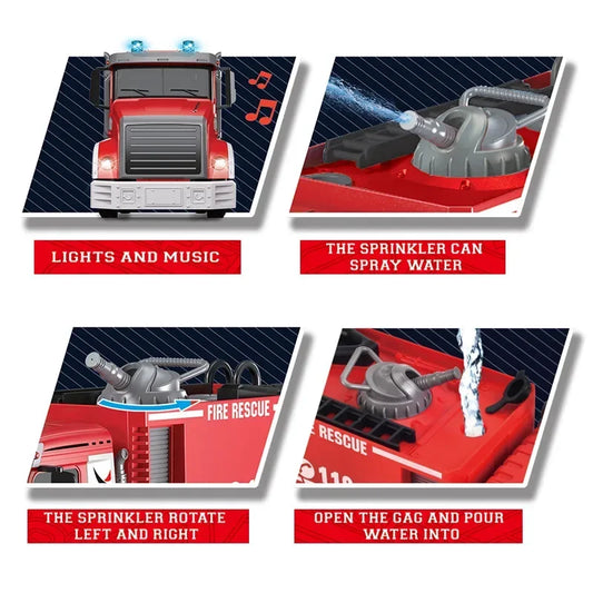 RC fire truck toy feature callouts: flashing lights and siren music, ladder sprinkler spraying water, rotating sprinkler nozzle, and water fill cap on the roof