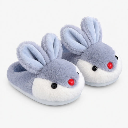 Grey cartoon rabbit house slippers, pair shown together on clean white studio background