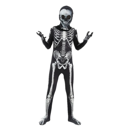 Kids skeleton costume front view with skull mask hood