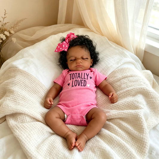 Reborn baby doll lying on knit blanket by window