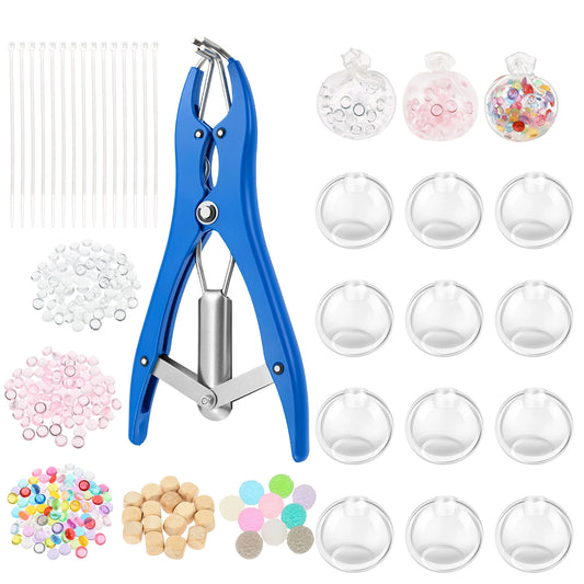 DIY Stress Ball Making Kit Style B - flatlay of the round TPR shell, bead filling and finished stress ball