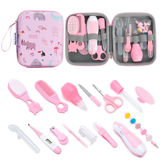 Pink 15-piece baby grooming set with travel case, full contents