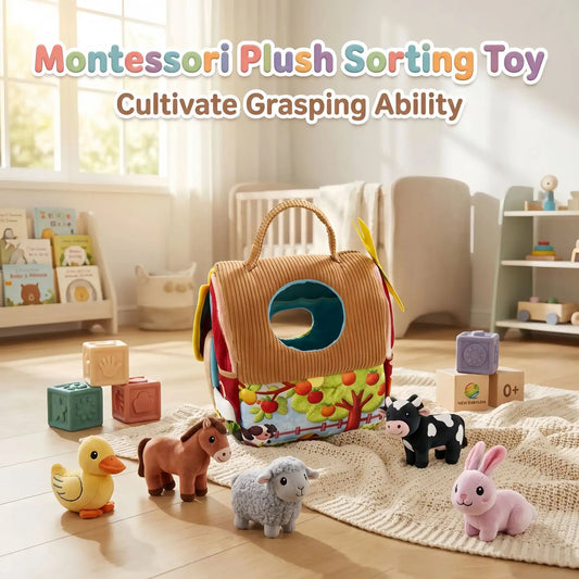 Montessori plush sorting toy playhouse with farm animal plushies and sensory blocks