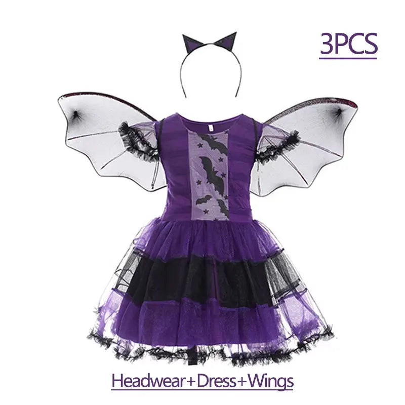 Girls Purple Bat Costume Dress with Wings and Headband