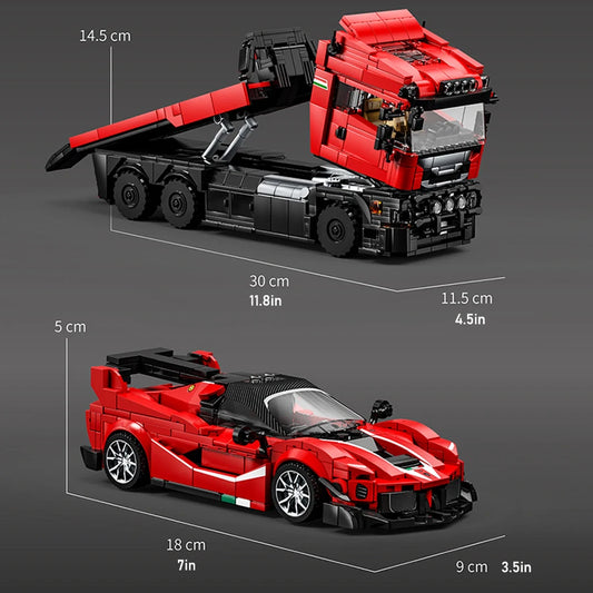 Transport truck and sports car building block models with dimensions shown