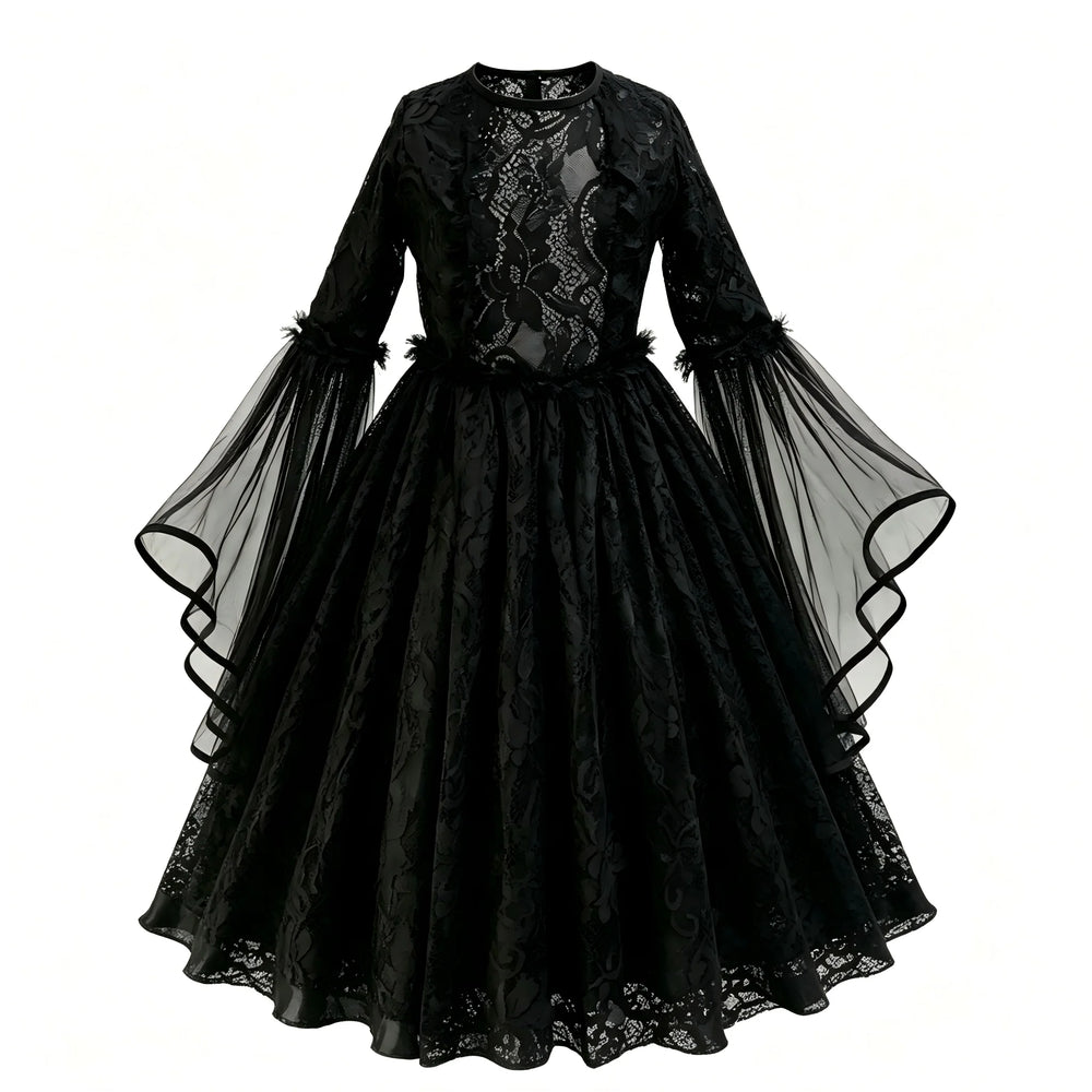 Girls Gothic Ghost Bride Costume - Lace Tulle Dress with Roses