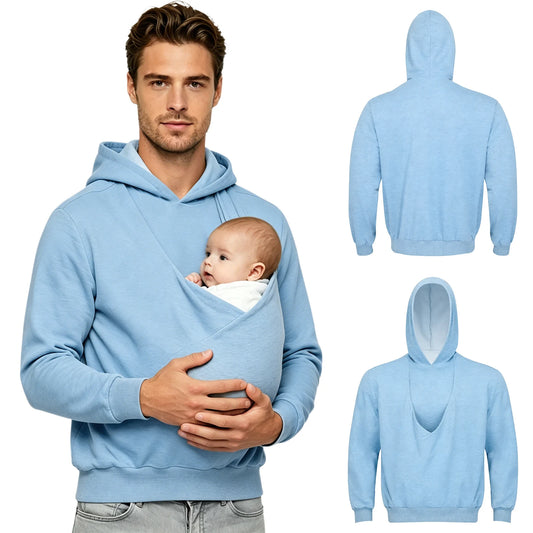 Blue kangaroo pocket baby carrier hoodie, product photo