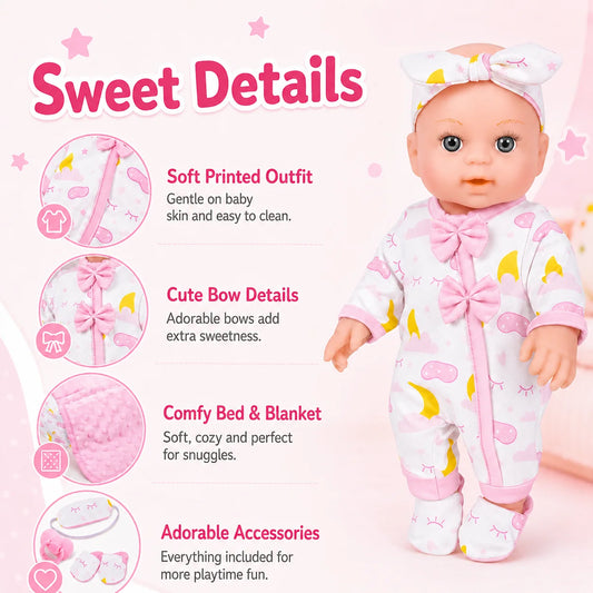 Baby doll in fold-out bed with blanket and pillow