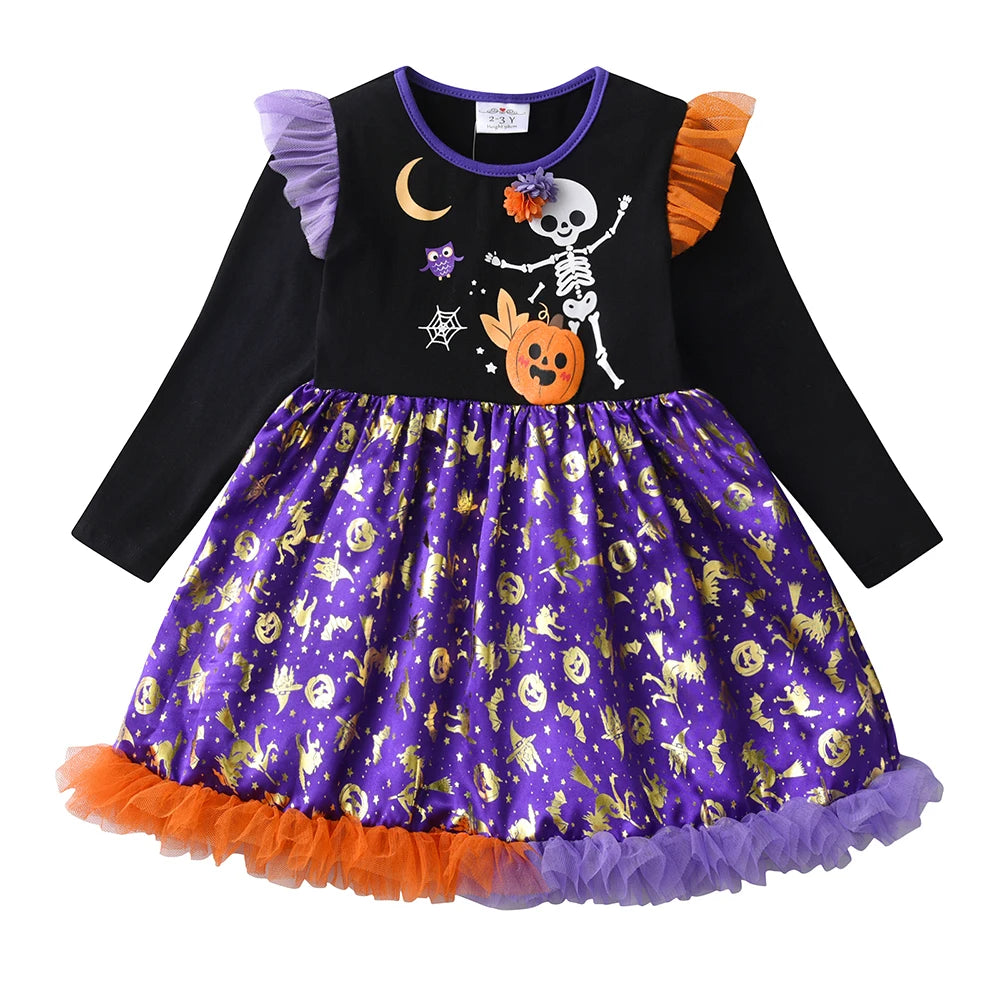 Girls Halloween Skeleton & Pumpkin Print Party Dress