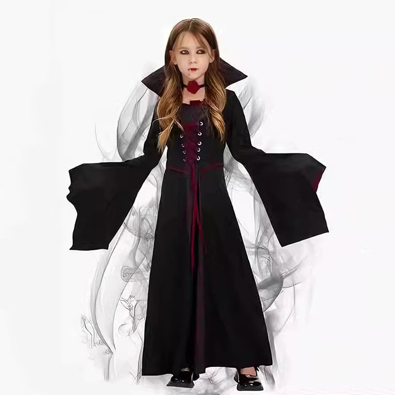Girls Vampire Queen Halloween Costume Dress with Gothic Collar