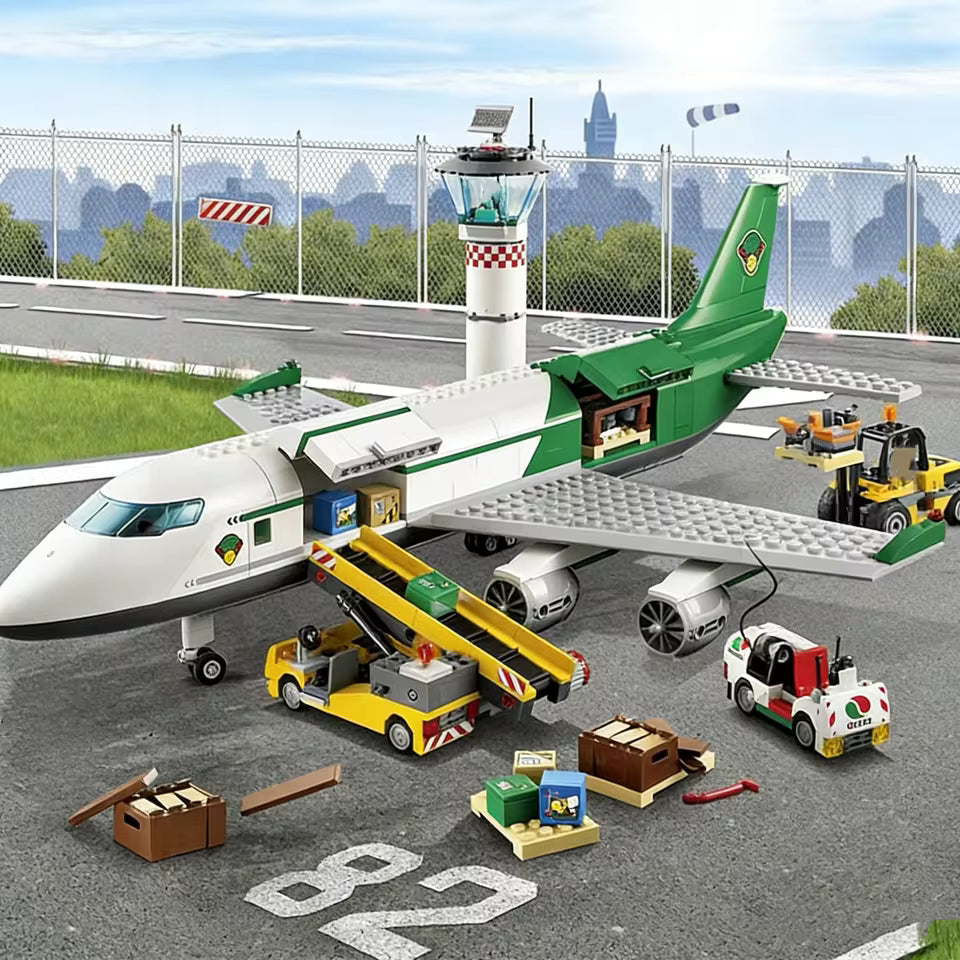 City Cargo Terminal Aircraft Building Block Set – Large Model with 5 Minifigures