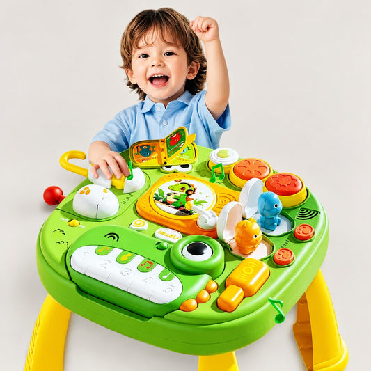 Toddler cheering while playing music and games on activity table