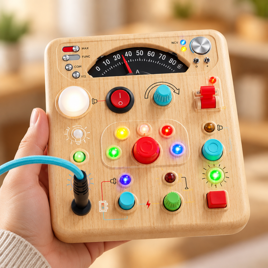 Wooden Montessori busy board with simulated current dial, close-up detail