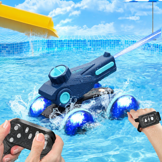 RC amphibious stunt car driving and splashing in a swimming pool with remote controllers
