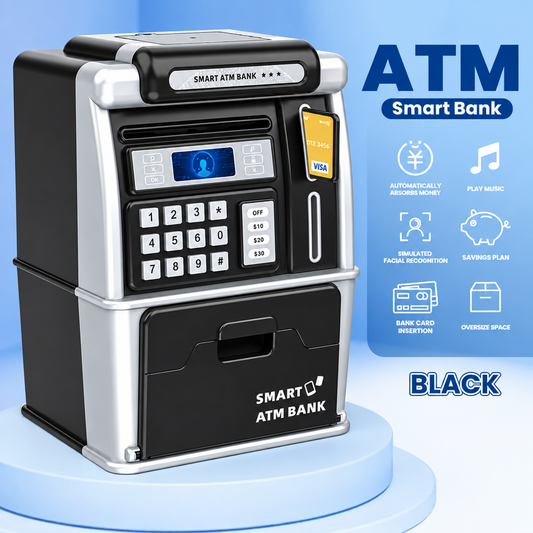 Black kids electronic ATM money bank toy with swipe card slot, keypad and digital balance display