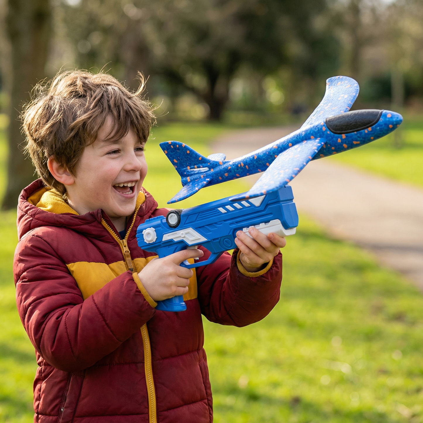 Blue foam airplane launcher toy for kids
