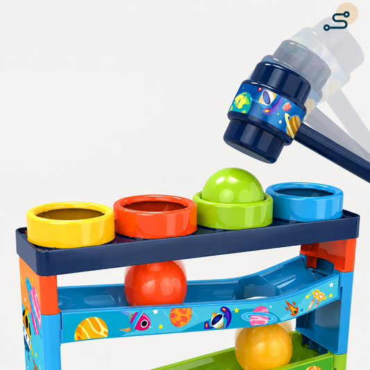 Ball drop tower with knocking hammer and coloured cups