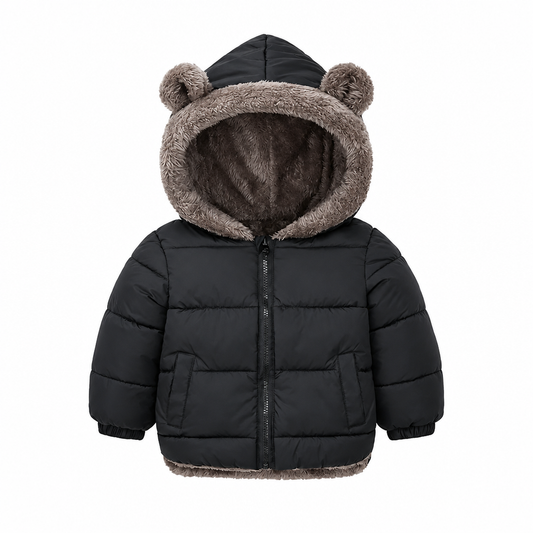 Black padded kids winter coat with furry bear-ear hood trim, front view