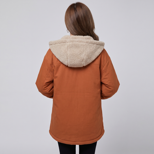 Winter maternity babywearing hoodie coat, brown, back view
