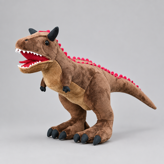 Realistic brown Carnotaurus dinosaur plush toy in a professional studio setting, three-quarter angle view