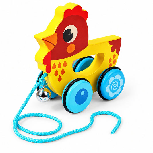 Yellow wooden chicken pull-along toy car with blue braided cord and bell, front angle view