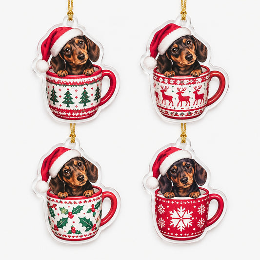 Close-up of four dachshund advent calendar acrylic charms showing design variety and gold cord loops