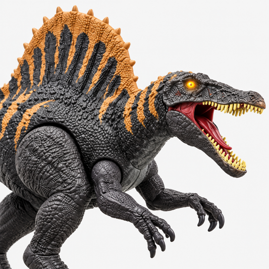 Close-up of Style A orange and black dinosaur toy head showing glowing light-up eye and open roaring mouth with sound action feature