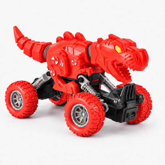 Close-up of the red dinosaur truck toy showing oversized wheels and textured dinosaur-shell body detail