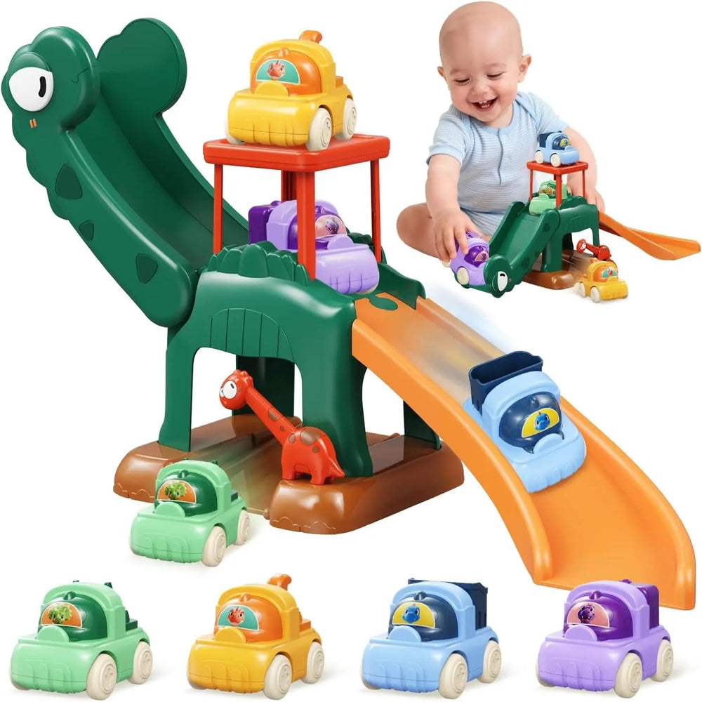 Piste de course de voitures avec toboggan dinosaure – Aire de jeu de stationnement Montessori