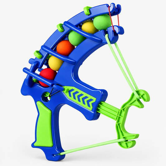 Close-up of the blue and green soft bullet shooting toy crossbow mechanism