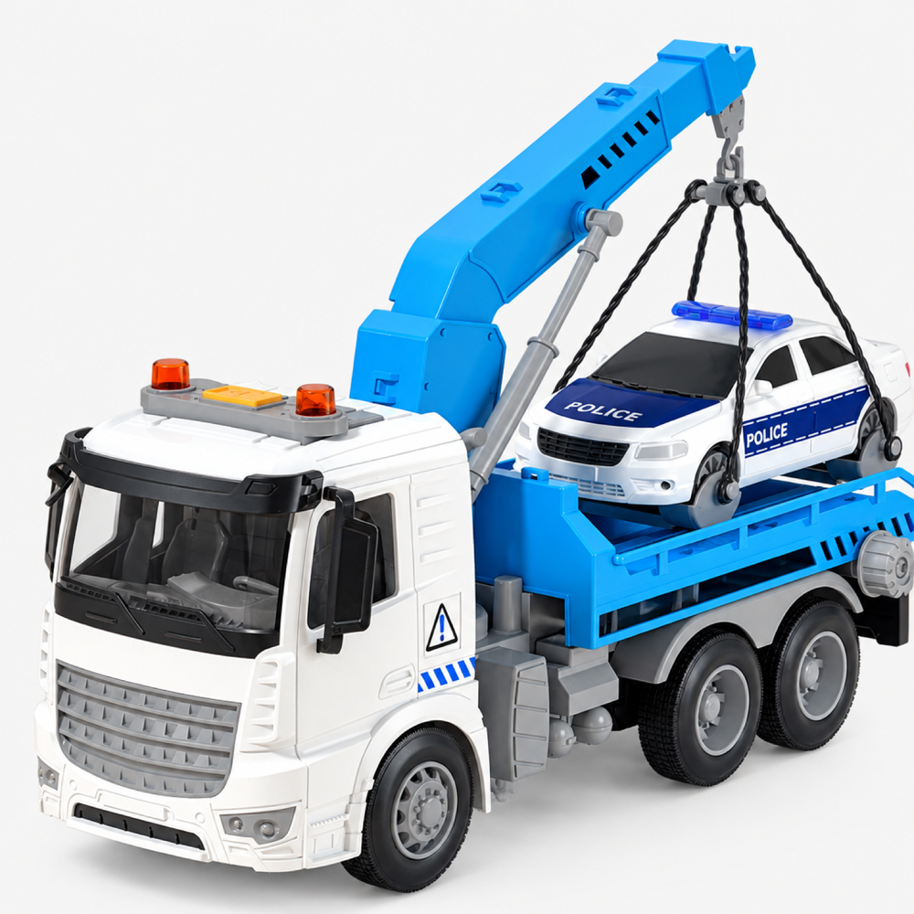 Inertia Crane Tow Truck Toy with Rescue Car, Sound & Light