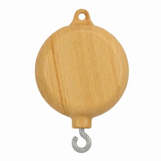 Wood-cased music box for baby crib mobile in natural wood finish, standalone