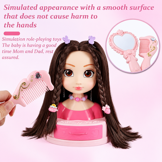 Close-up of princess doll head with braided pigtails, heart mirror and comb accessories