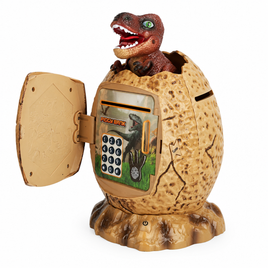 Brown dinosaur shatterproof piggy bank, 3/4 side angle view showing coin slot