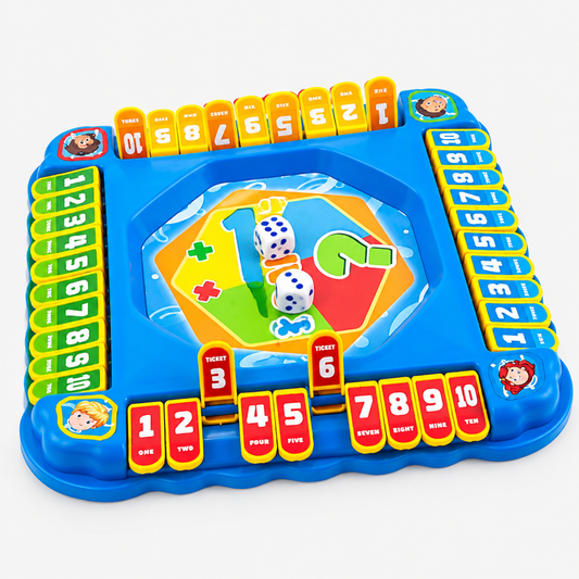 Studio packshot of the number flip board game and dice set on a clean white background, viewed straight-on