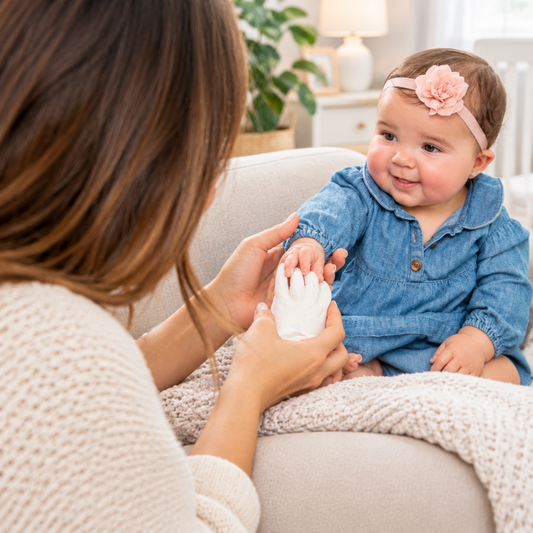 Mother using the baby casting kit to press her baby's hand into soft casting mold on the couch