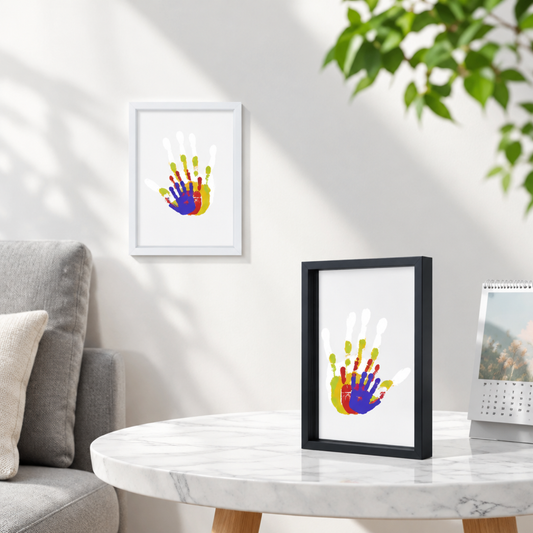 White and black handprint photo frames displayed in a cozy living room, one hanging and one on a side table