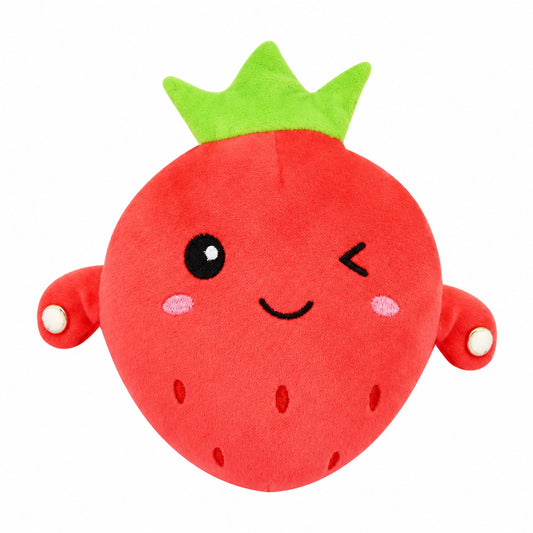 Red strawberry-shaped musical plush toy with embroidered winking face, front view