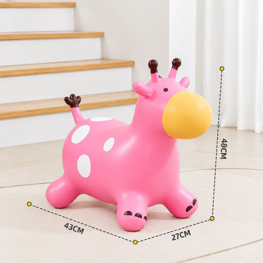 Pink inflatable giraffe bouncy hopper with white spots and yellow muzzle, shown with 43 x 27 x 48 cm size markings