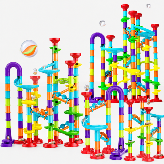 Marble run building set track detail showing colourful connector pieces, tubes and ball ramps