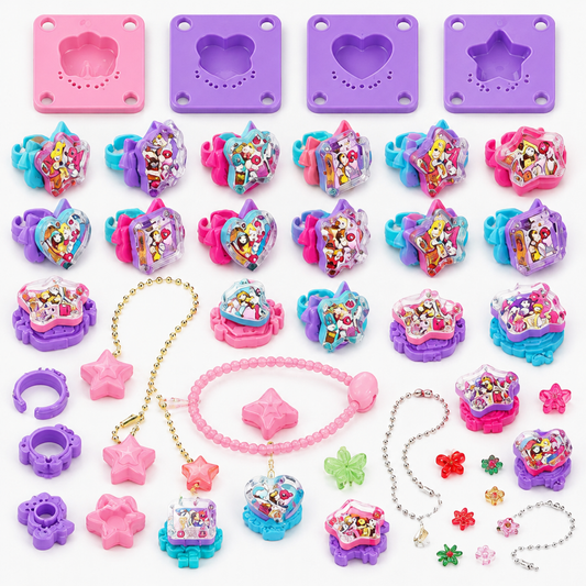 Close-up of the decorative charms and beads included in the jewellery making kit